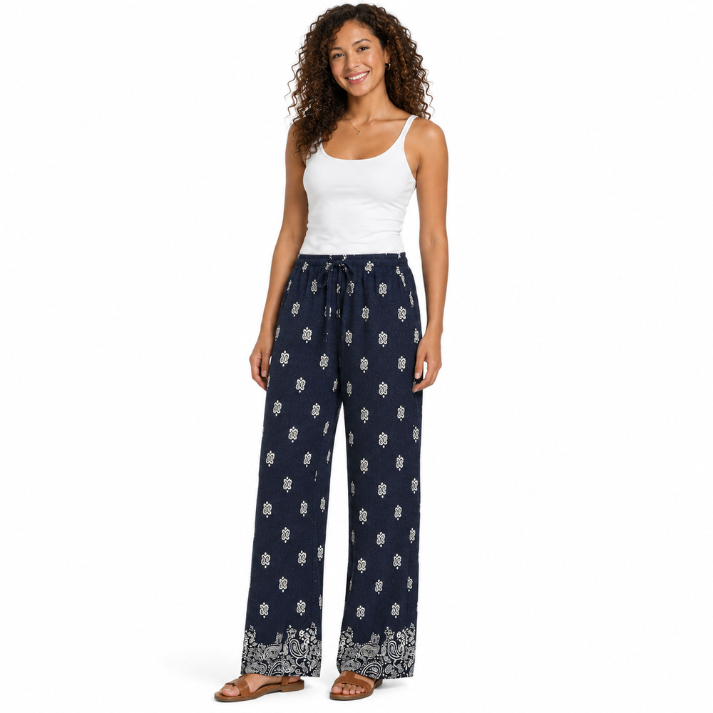 Cali 1850 Womens Linen Blend Pants Size Small Dark Blue Boho Coastal Resort